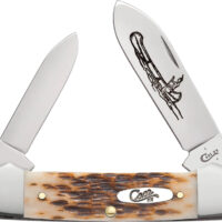 Case 00263 Canoe 2.60"/1.97" Folding Spear/Pen Plain Mirror Polished Chrome Vanadium Steel Blade/Peach Seed Jigged Amber Bone Handle