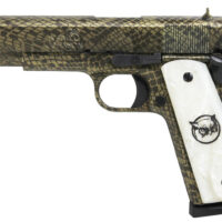 Iver Johnson Arms 1911A1WATERMOCCASIN 1911 A1 Water Moccasin 45 ACP 8+1 5" Black Steel Barrel, Green Snakeskin Hydrographic Serrated Steel Slide & Frame w/Beavertail, White Synthetic Pearl Grip