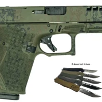 GREAT LAKES FIREARMS 19 STRIKER BUNDLE HGA 9MM 4IN BBL 15RD LICHEN GREEN CAMO W/ 5 MIXED OTF KNIVES