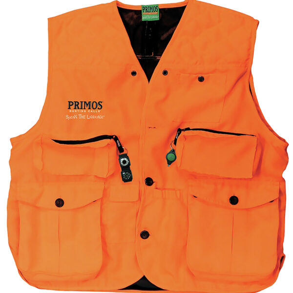Primos 65702 Gunhunter's Hunting Vest Large Blaze Orange Features Compass & LED Light