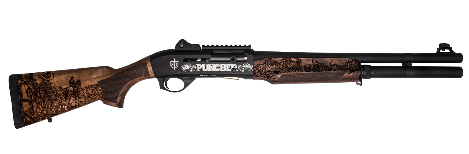 MAC 21000122PNCH Cowboy Puncher 12 Gauge Semi-Auto 3" 5+1 18.50" 18" Black Barrel, Black Engraved Receiver w/Picatinny Rail, Engraved Wood Stock