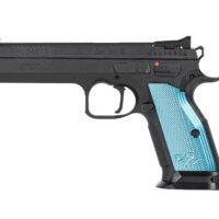 CZ-USA 91220 TS 2 9mm Luger 20+1 5.28" Blued Steel Barrel, Black Serrated Steel Slide, Black Polycoat Steel Frame w/Beavertail, Blue Checkered Aluminum Grip, Ambidextrous