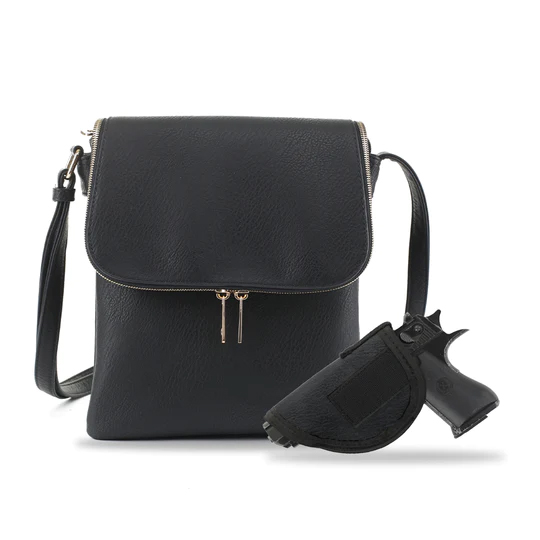 JESSIE & JAMES CHEYANNE CONCEALED CARRY LOCK AND KEY CROSSBODY HANDBAG 11 H X 9 W X 1.5 D ( BLACK )