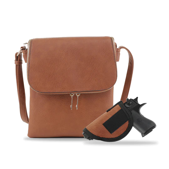 JESSIE & JAMES CHEYANNE CONCEALED CARRY LOCK AND KEY CROSSBODY HANDBAG 11 H X 9 W X 1.5 D ( COGNAC )